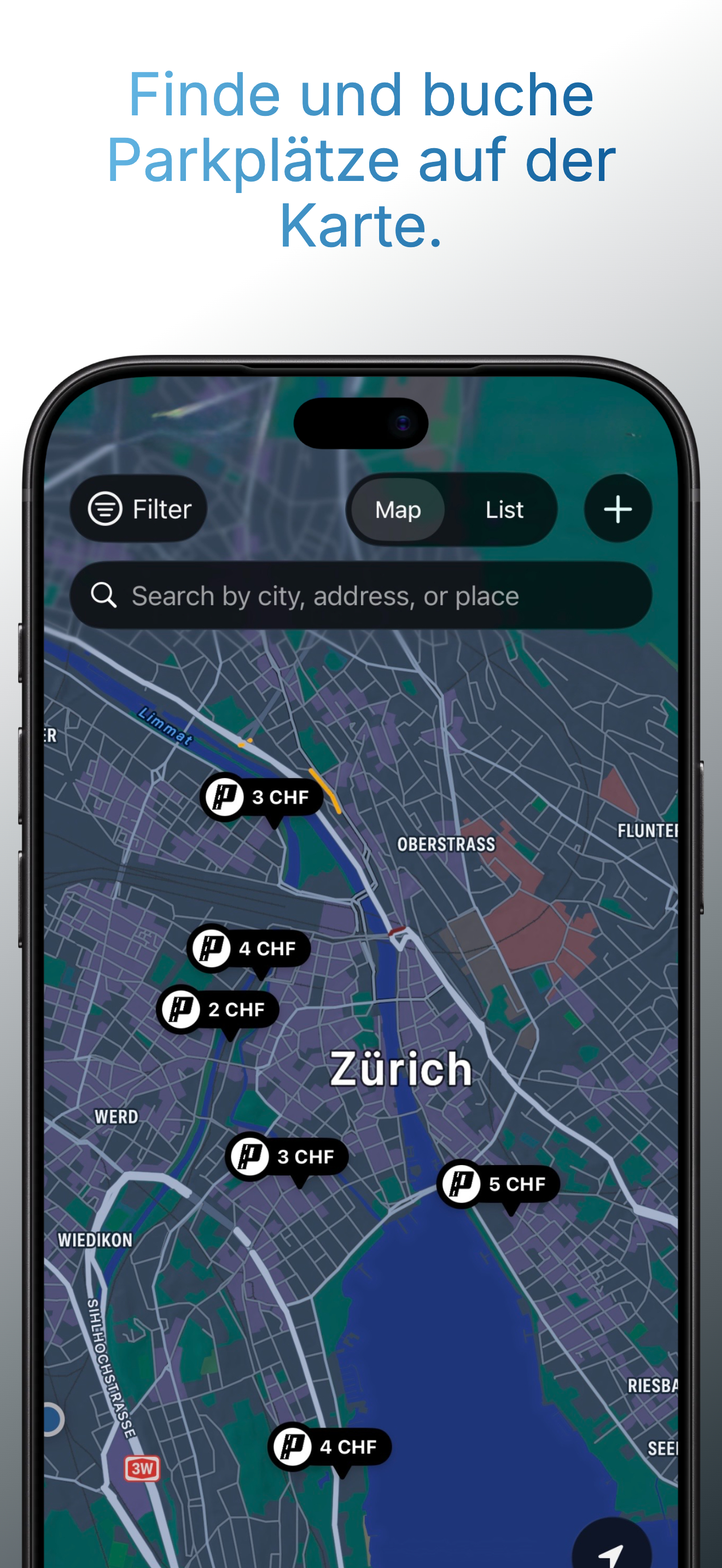 ParkShark-App mit einer Karte von Zürich und Parkplatzpreisen.
