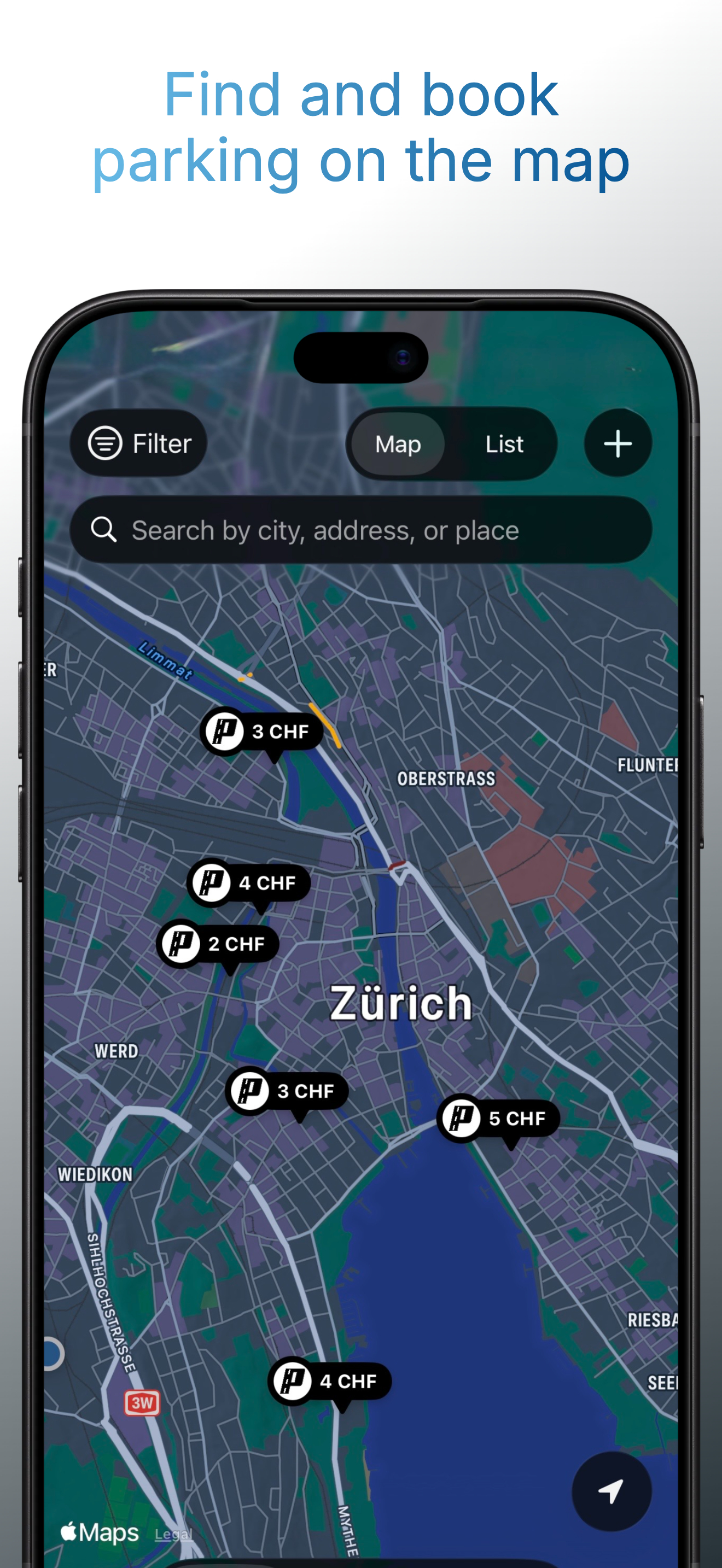 Application ParkShark avec une carte de Zurich et les prix des places.