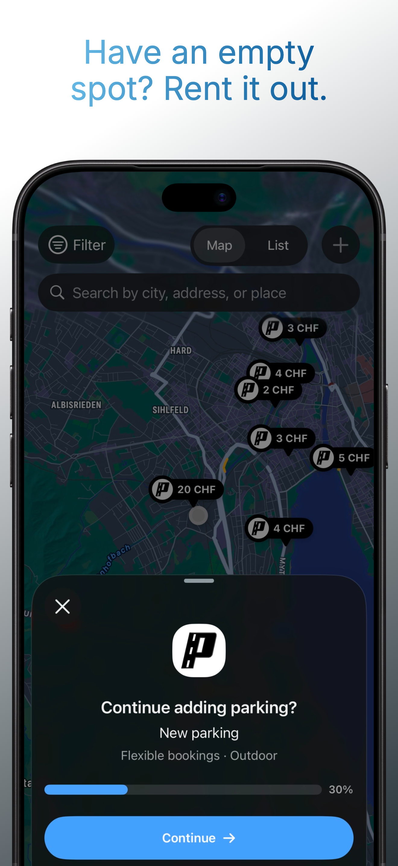 Application ParkShark lors de la création d’une annonce de stationnement.