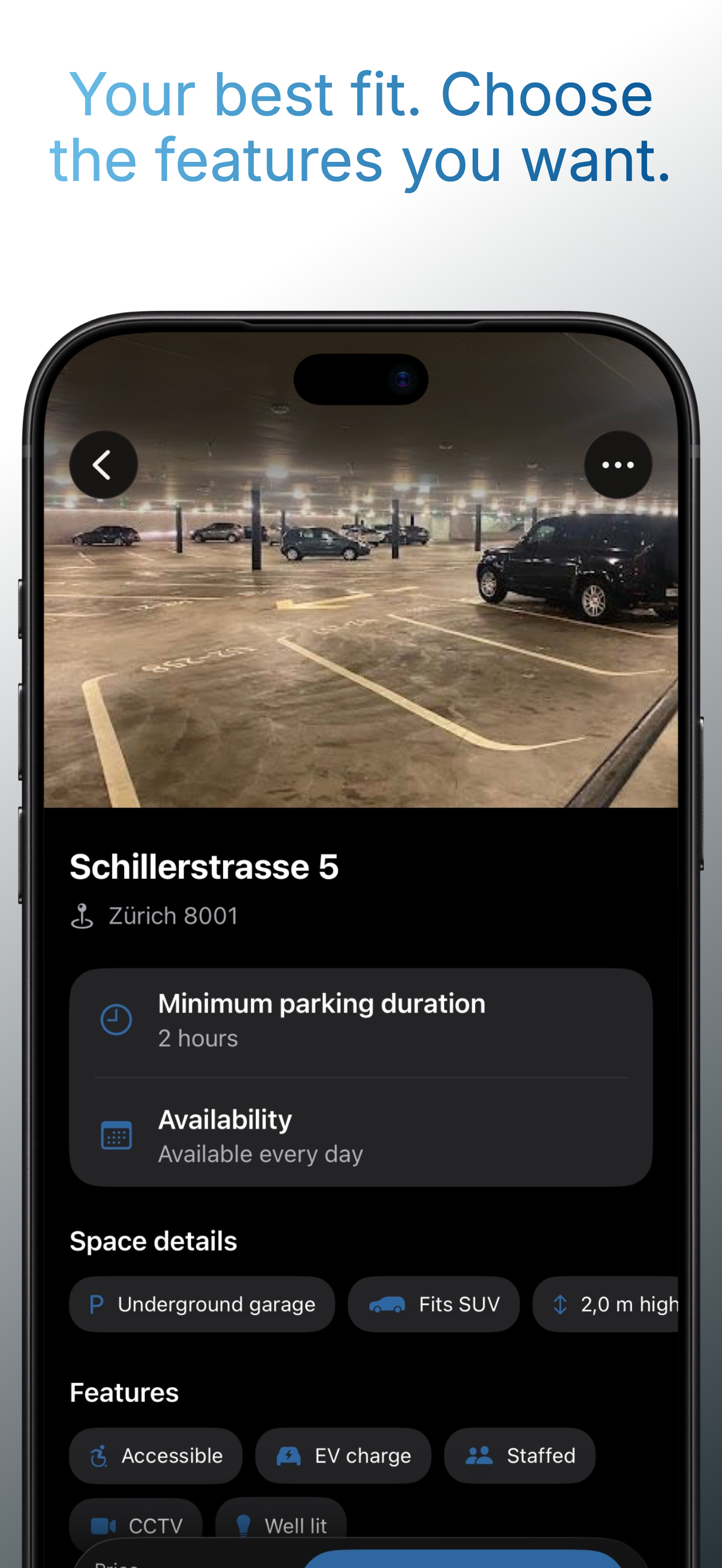 Application ParkShark avec photo, disponibilité et équipements d’une place.